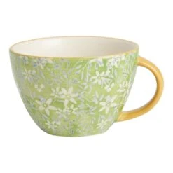 World Market Green And White Floral Hand Painted Ceramic Mug