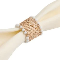 World Market Woven Cane and White Bead Napkin Ring