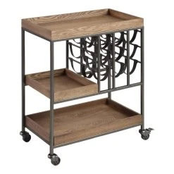 World Market Wood and Faux Leather Strap Bar Cart with Wine Storage