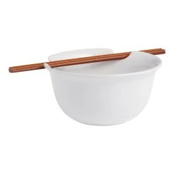World Market White Ceramic Noodle Bowl and Bamboo Chopsticks Set
