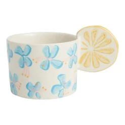 World Market Blue Floral Hand Painted Ceramic Mug With Lemon Handle